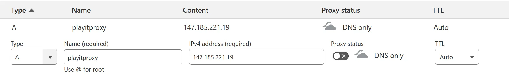 The IP of the server as the A record target Proxy A record